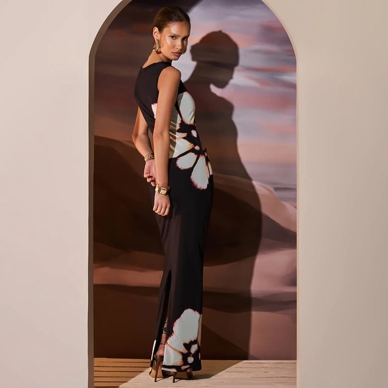 Floral Print Bodycon Maxi Dress with Waist Cut-Out