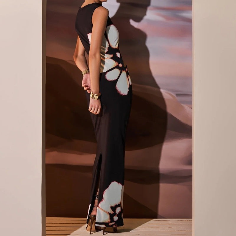 Floral Print Bodycon Maxi Dress with Waist Cut-Out