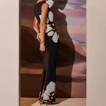 Floral Print Bodycon Maxi Dress with Waist Cut-Out