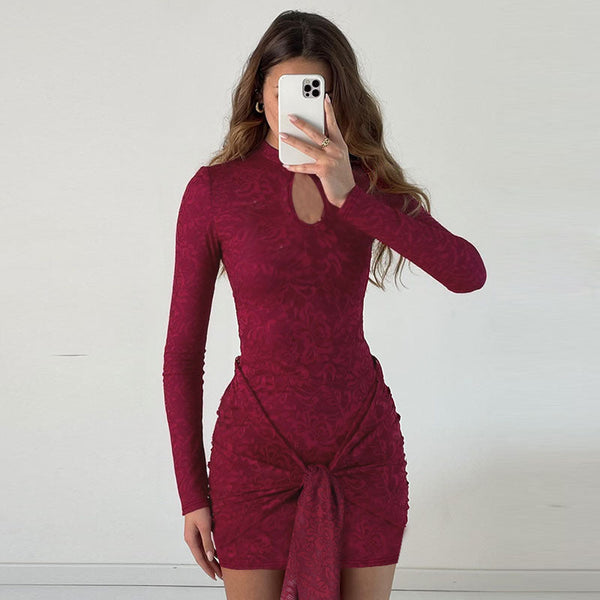 Bodycon Lace Mini Dress with Keyhole Neck and Front Tie Detail