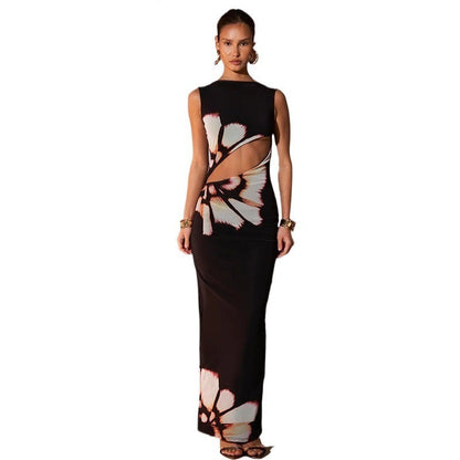 Floral Print Bodycon Maxi Dress with Waist Cut-Out