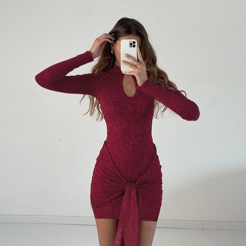 Bodycon Lace Mini Dress with Keyhole Neck and Front Tie Detail