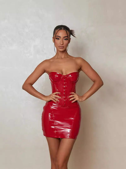 Strapless PU Leather Bodycon Mini Dress with Corset Detail