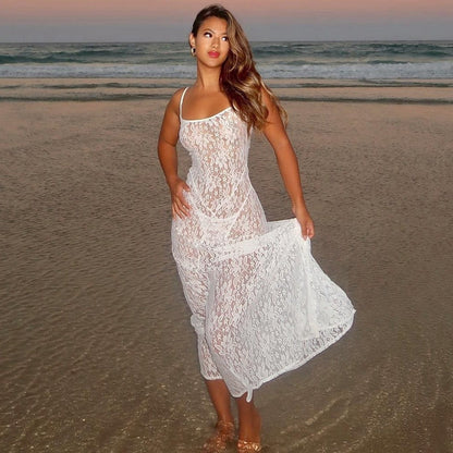 Sheer Floral Lace Sheath Maxi Dress with Spaghetti Straps