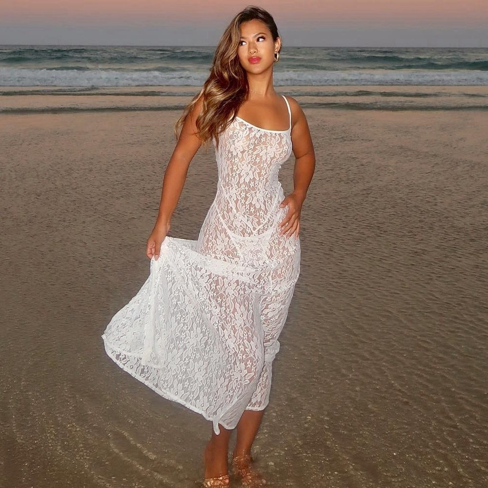 Sheer Floral Lace Sheath Maxi Dress with Spaghetti Straps