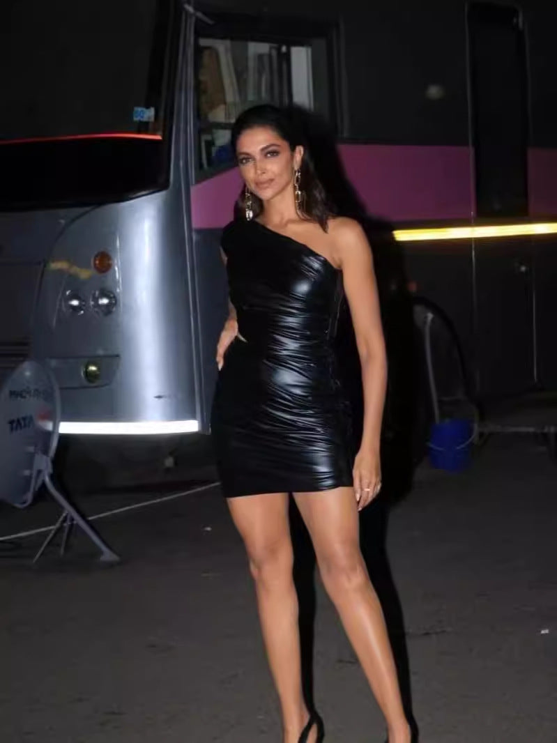 One-Shoulder Bodycon Mini Dress in Ruched PU Leather