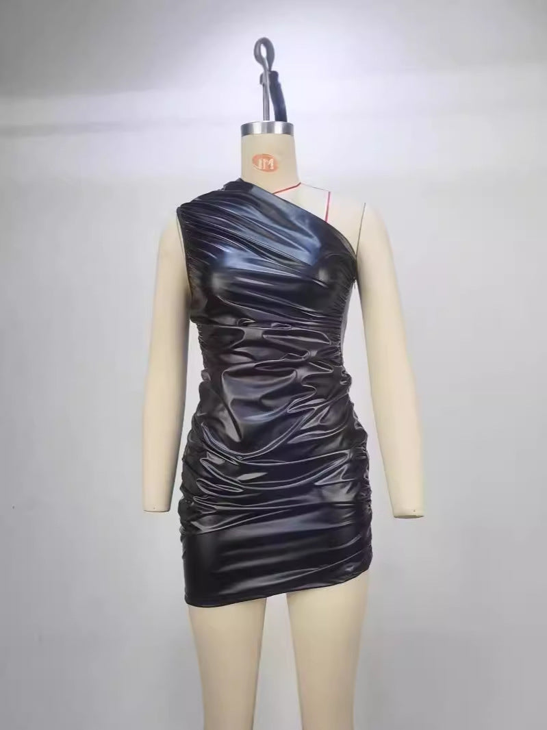 One-Shoulder Bodycon Mini Dress in Ruched PU Leather