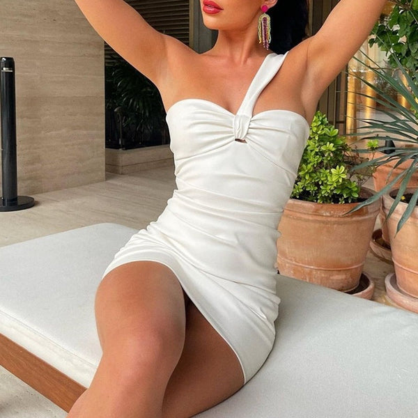 One-Shoulder Ruched PU Leather Bodycon Mini Dress