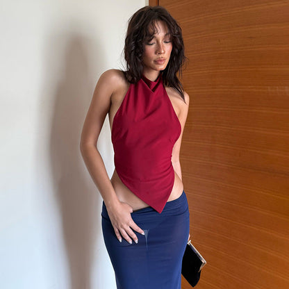 Slim Fit Halter Neck Top with Handkerchief Hem and Backless Detail