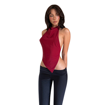 Slim Fit Halter Neck Top with Handkerchief Hem and Backless Detail
