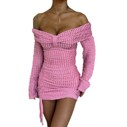 Textured Bodycon Mini Dress with Off-the-Shoulder Neckline