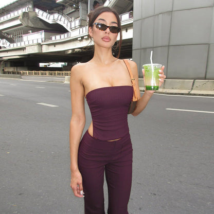 Ribbed Strapless Top and High-Waist Flared Pants Set