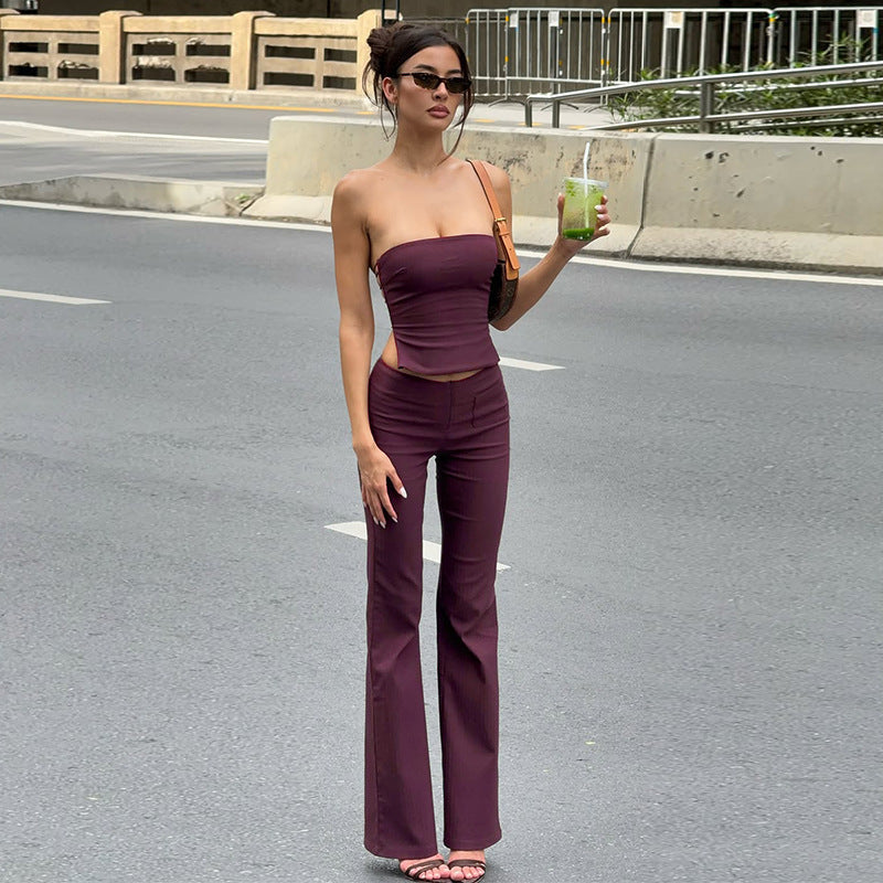 Ribbed Strapless Top and High-Waist Flared Pants Set