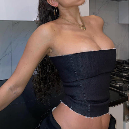 Slim Fit Strapless Denim Tube Top with Raw Edges