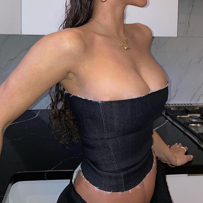Slim Fit Strapless Denim Tube Top with Raw Edges