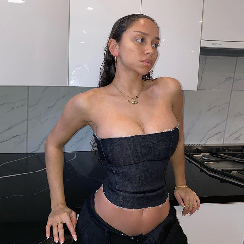 Slim Fit Strapless Denim Tube Top with Raw Edges