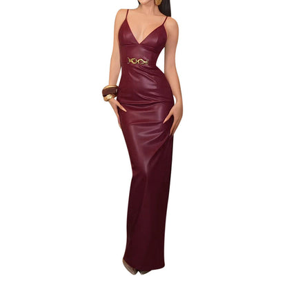 Bodycon Faux Leather Maxi Dress with V-Neck and Metal Buckle