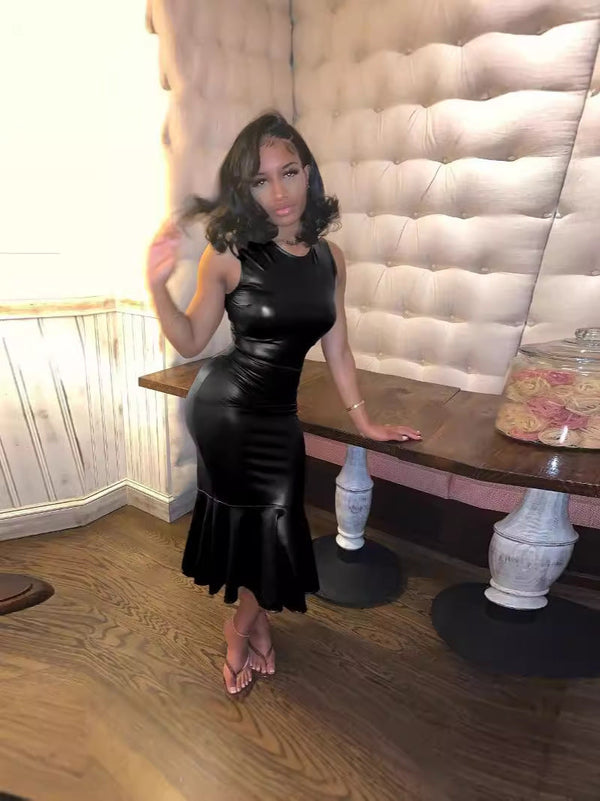 Bodycon PU Leather Midi Dress with Flared Fishtail Hem