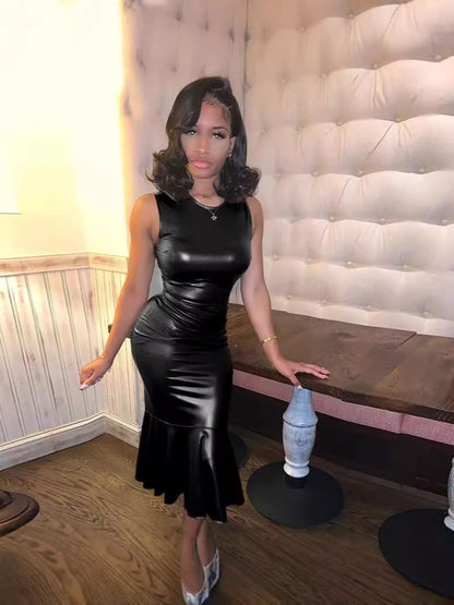 Bodycon PU Leather Midi Dress with Flared Fishtail Hem