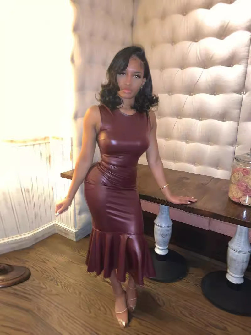 Bodycon PU Leather Midi Dress with Flared Fishtail Hem