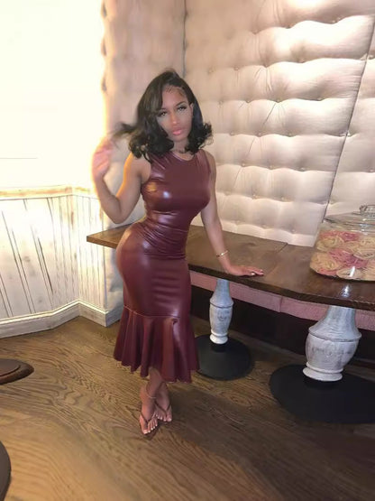 Bodycon PU Leather Midi Dress with Flared Fishtail Hem