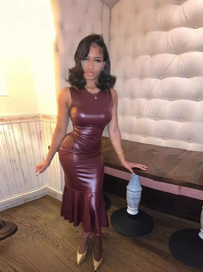 Bodycon PU Leather Midi Dress with Flared Fishtail Hem