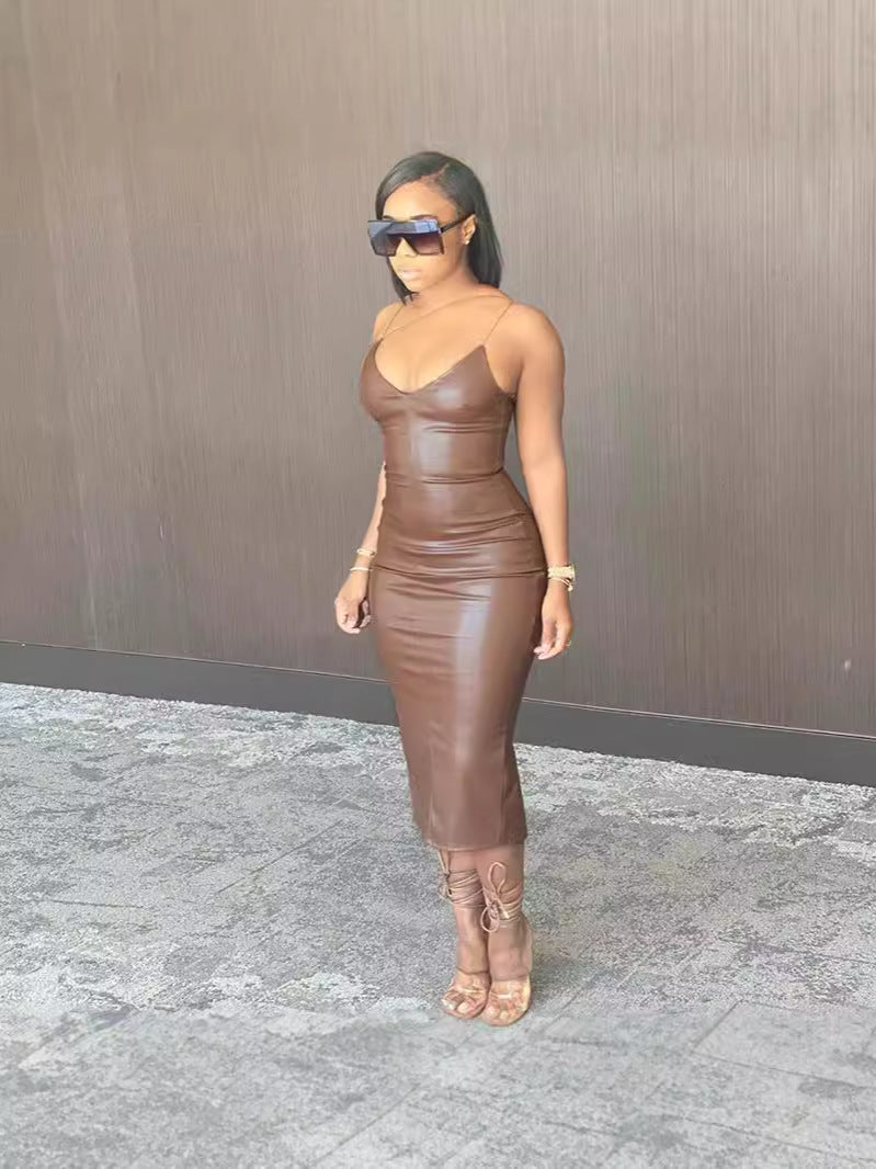 Bodycon PU Midi Dress with V-Neck and Backless Detail