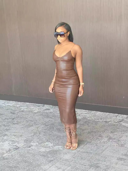 Bodycon PU Midi Dress with V-Neck and Backless Detail