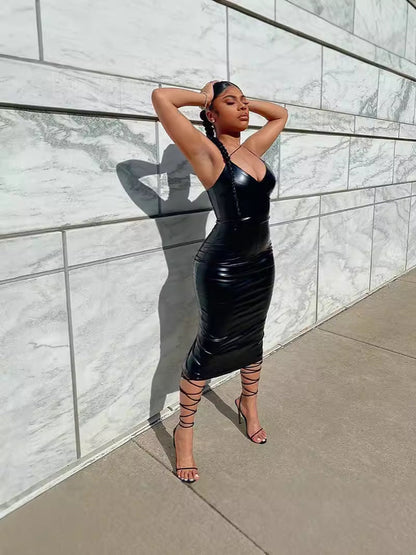 Bodycon PU Midi Dress with V-Neck and Backless Detail