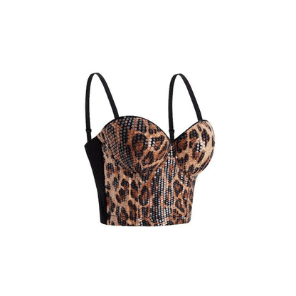 Leopard Print Sequined Bustier Top with Spaghetti Straps