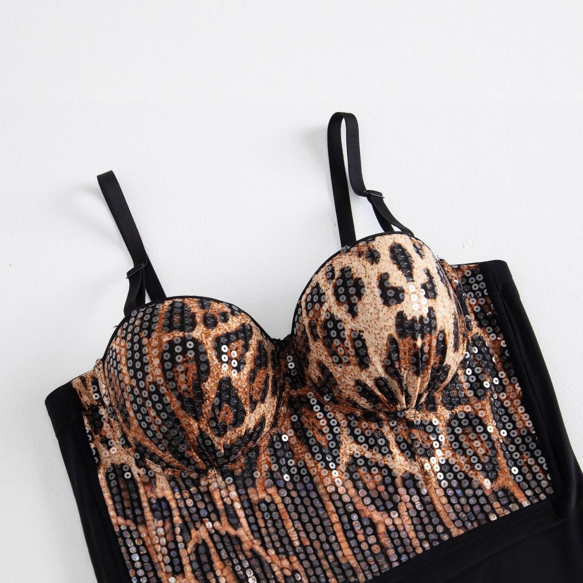 Leopard Print Sequined Bustier Top with Spaghetti Straps