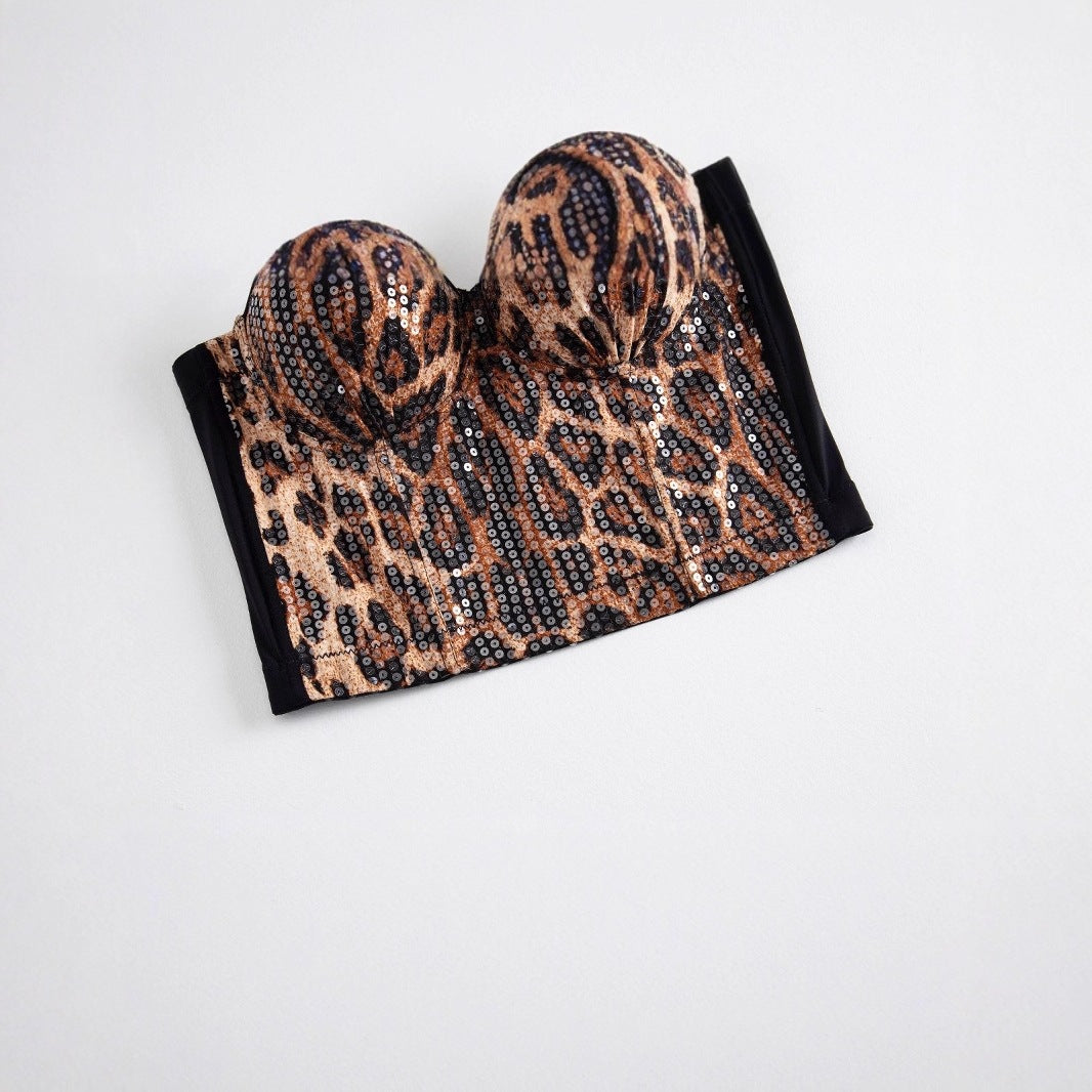 Leopard Print Sequined Bustier Top with Spaghetti Straps