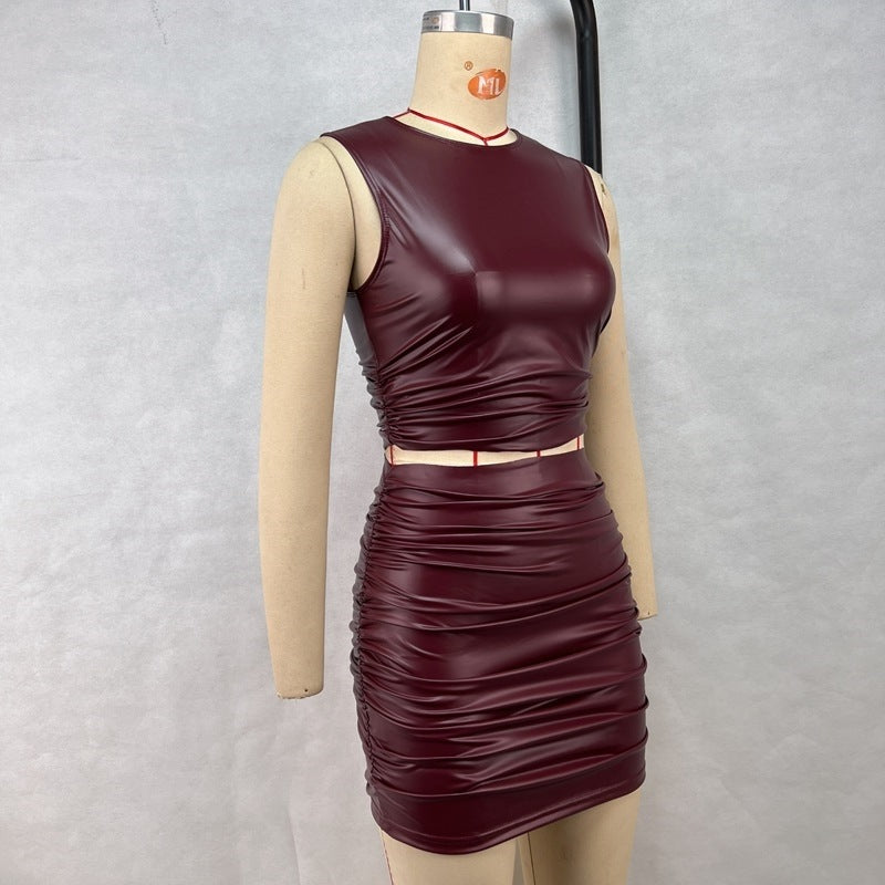 Ruched PU Leather Two-Piece Skirt Set with Sleeveless Top