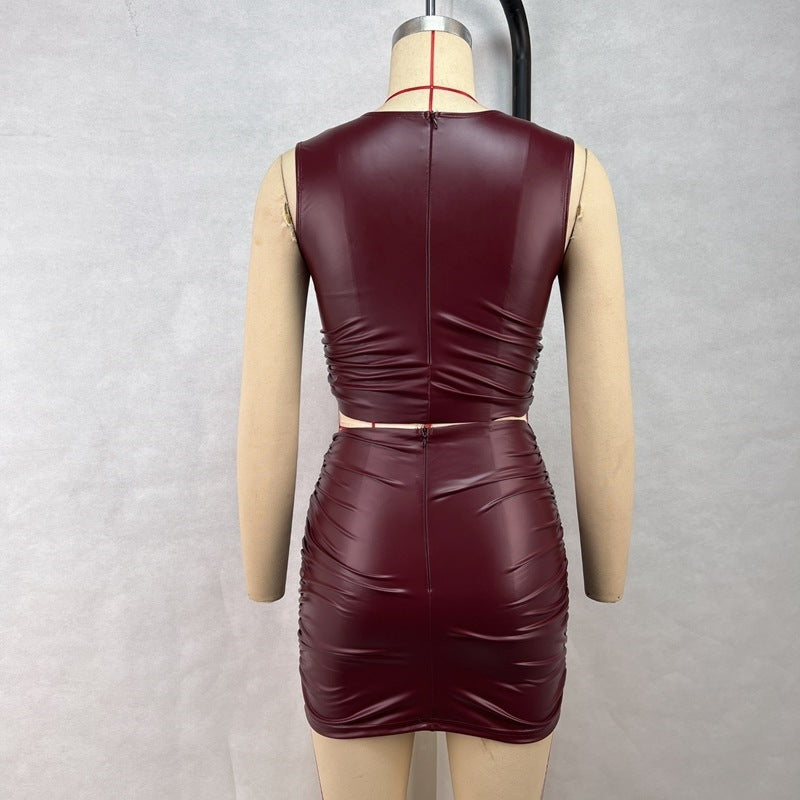 Ruched PU Leather Two-Piece Skirt Set with Sleeveless Top