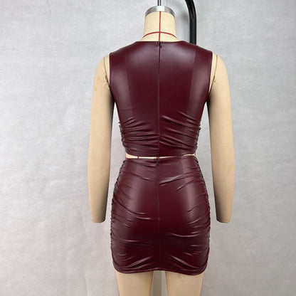 Ruched PU Leather Two-Piece Skirt Set with Sleeveless Top