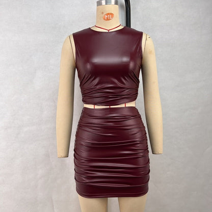 Ruched PU Leather Two-Piece Skirt Set with Sleeveless Top