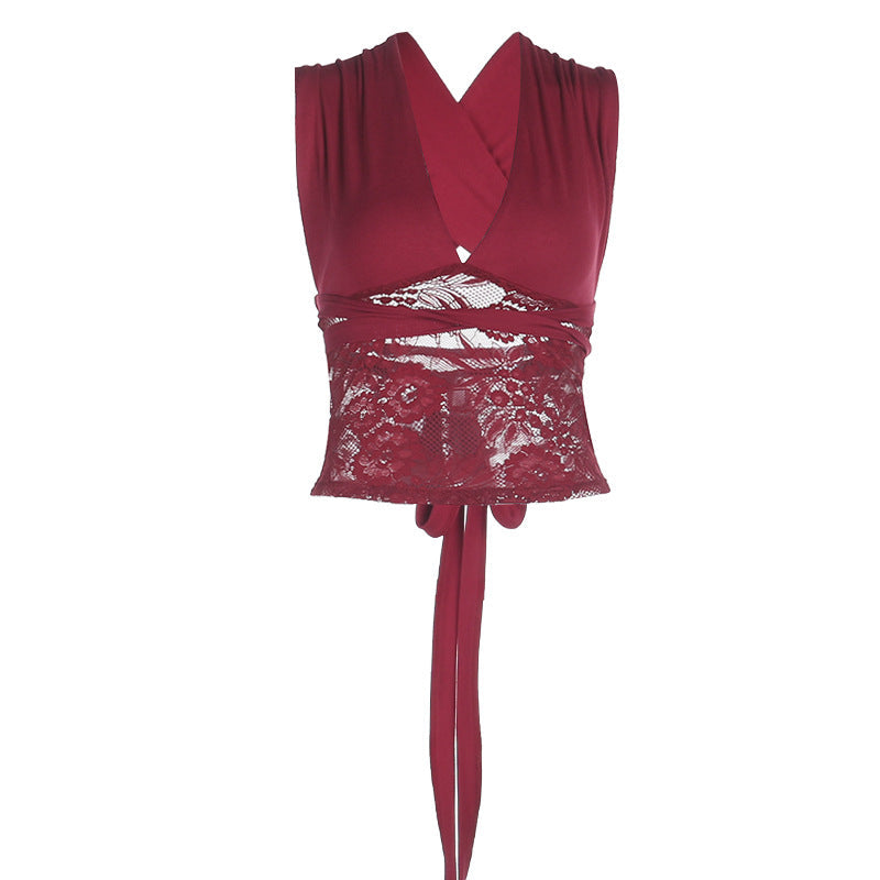 Sleeveless Deep V-Neck Top with Floral Lace Panel