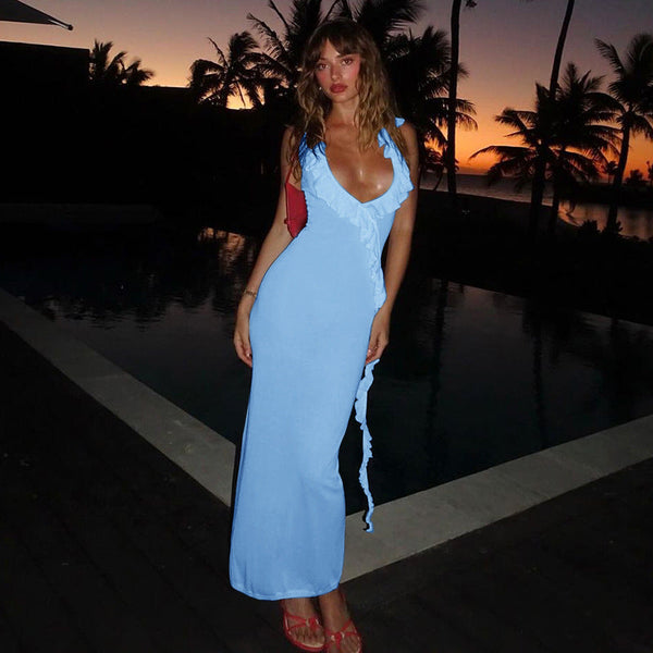 Bodycon Maxi Dress with Ruffle Trim and Deep U-Neck