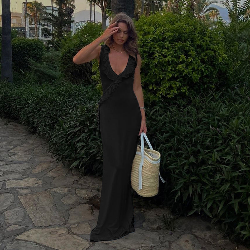 Bodycon Maxi Dress with Ruffle Trim and Deep U-Neck