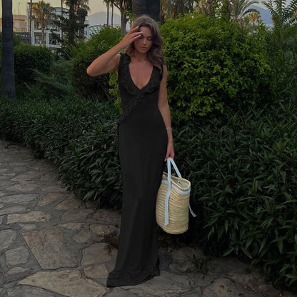 Bodycon Maxi Dress with Ruffle Trim and Deep U-Neck