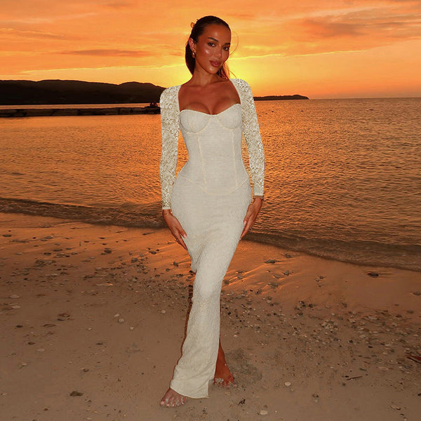 Bodycon Maxi Dress with Lace Sleeves and Corset Bodice