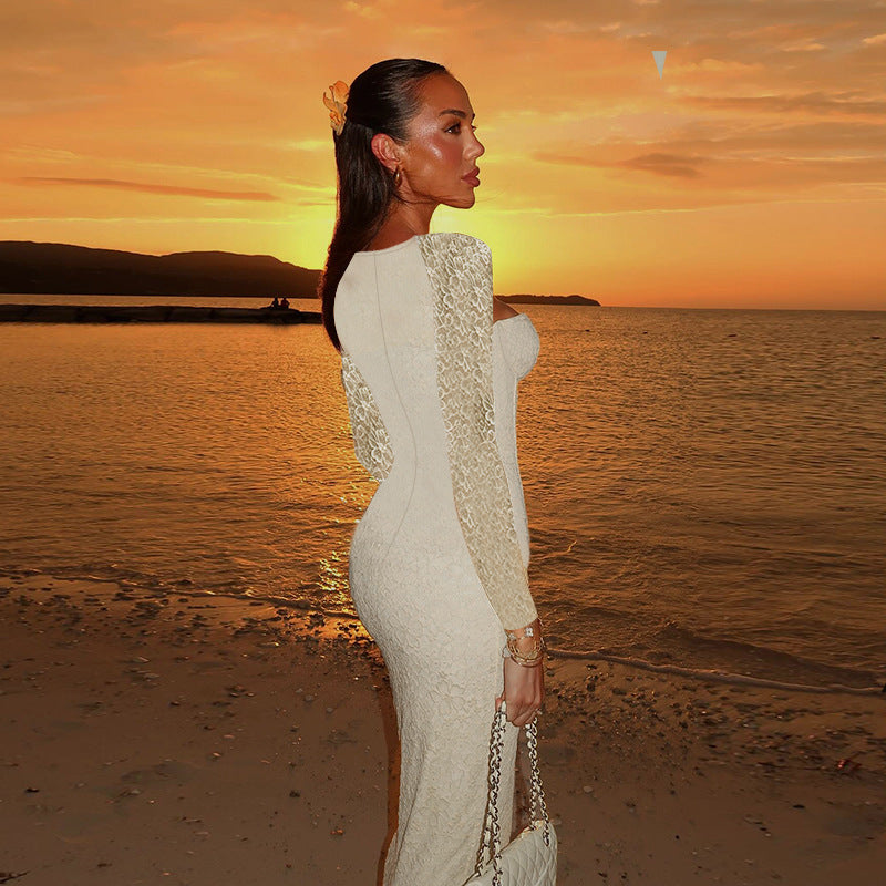 Bodycon Maxi Dress with Lace Sleeves and Corset Bodice