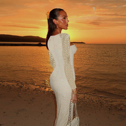 Bodycon Maxi Dress with Lace Sleeves and Corset Bodice