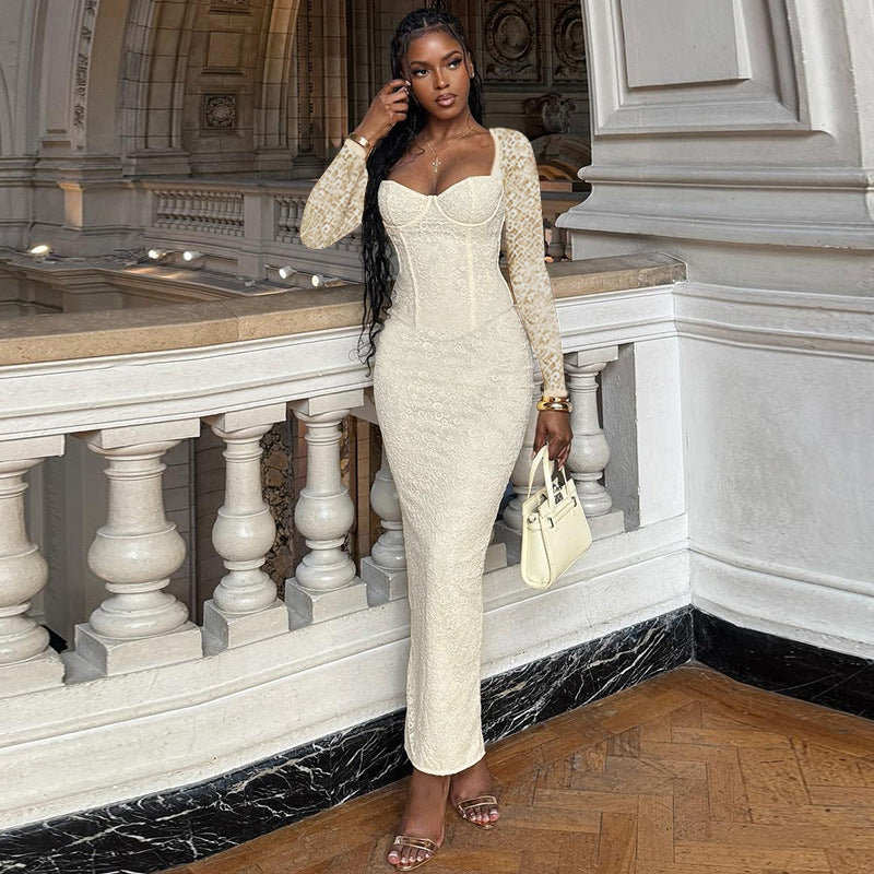 Bodycon Maxi Dress with Lace Sleeves and Corset Bodice