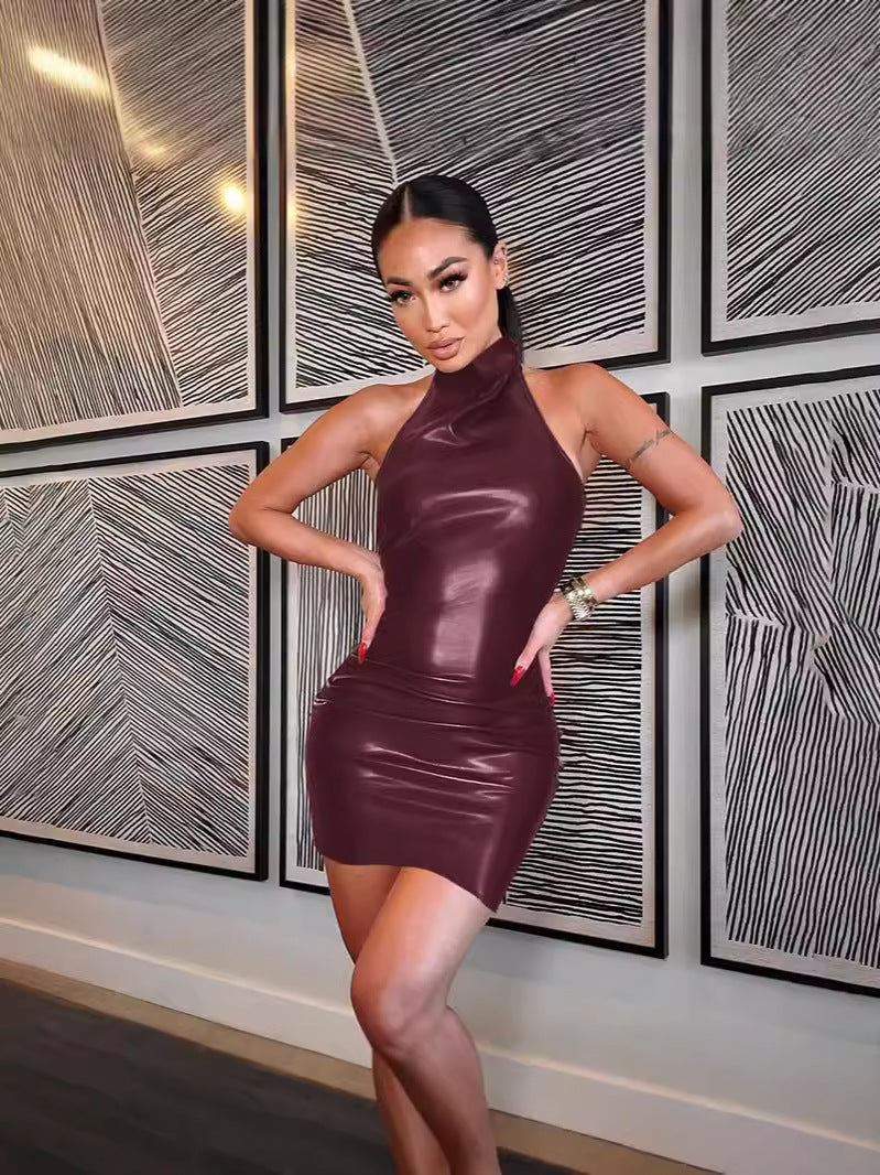 Halter Neck PU Leather Bodycon Dress with Ruched Detail
