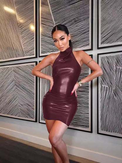 Halter Neck PU Leather Bodycon Dress with Ruched Detail
