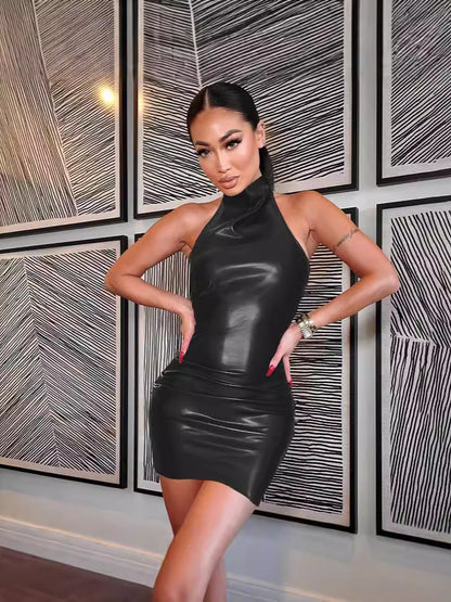 Halter Neck PU Leather Bodycon Dress with Ruched Detail