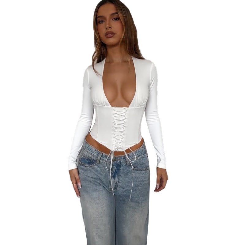Long Sleeve Corset Top with Plunging V-Neck and Lace-Up Front