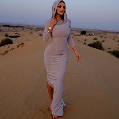 Solid Hooded Bodycon Maxi Dress with Long Sleeves