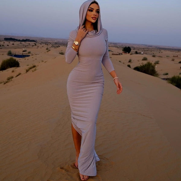 Solid Hooded Bodycon Maxi Dress with Long Sleeves